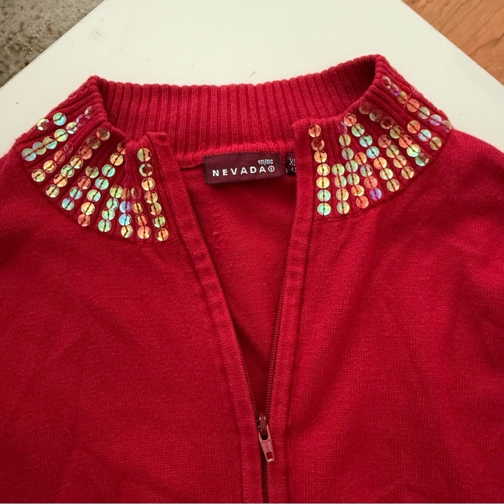 NEVADA Vibrant Red Zip-Up Cardigan Sweater Colorful Mermaid Sequins Y2K Glam - Picture 3 of 5